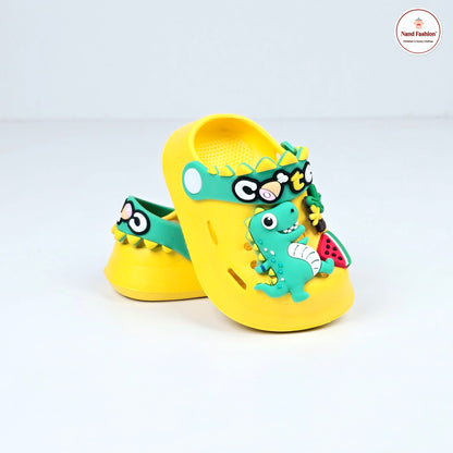 Parrot ,White, Pink,Yellow and Blue crocs with dinosaur pattern