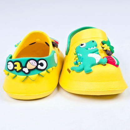 Parrot ,White, Pink,Yellow and Blue crocs with dinosaur pattern