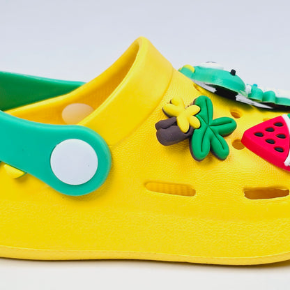 Parrot ,White, Pink,Yellow and Blue crocs with dinosaur pattern