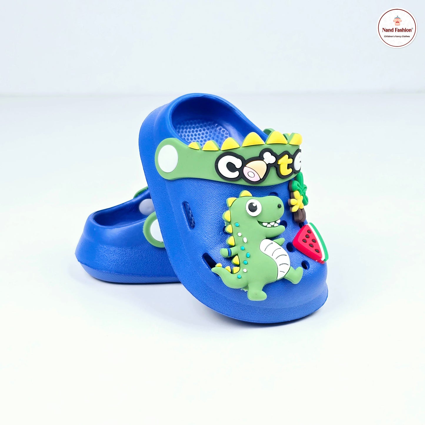 Parrot ,White, Pink,Yellow and Blue crocs with dinosaur pattern