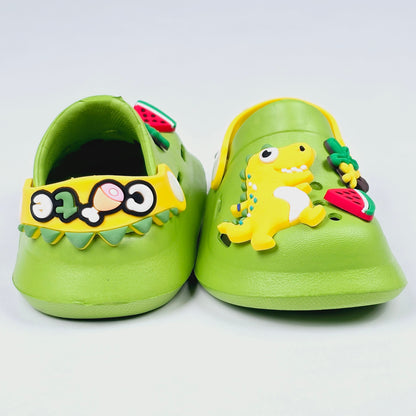 Parrot ,White, Pink,Yellow and Blue crocs with dinosaur pattern