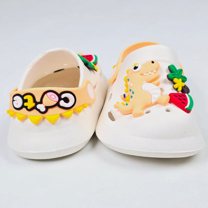 Parrot ,White, Pink,Yellow and Blue crocs with dinosaur pattern