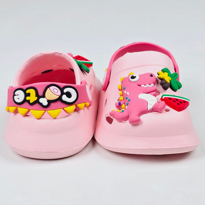 Parrot ,White, Pink,Yellow and Blue crocs with dinosaur pattern