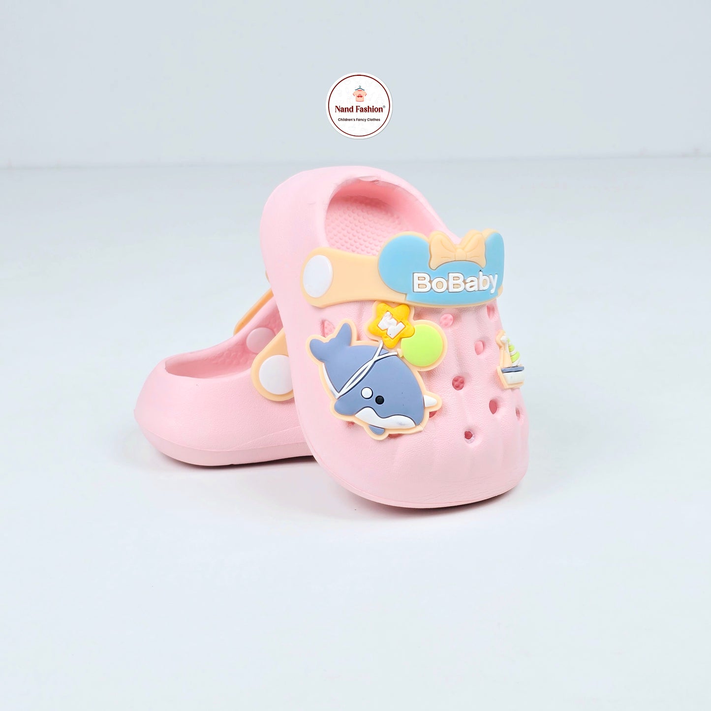 Blue, white and pink fish pattern crocs with soft fabric