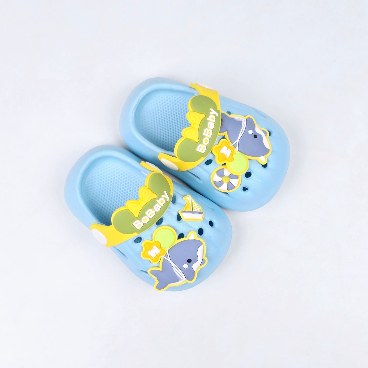 Blue, white and pink fish pattern crocs with soft fabric