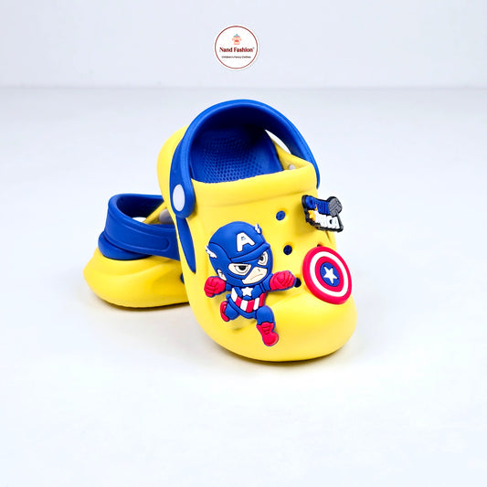 Yellow, Navy blue and Royal Blue crocs with Captain America Cartoon Patten