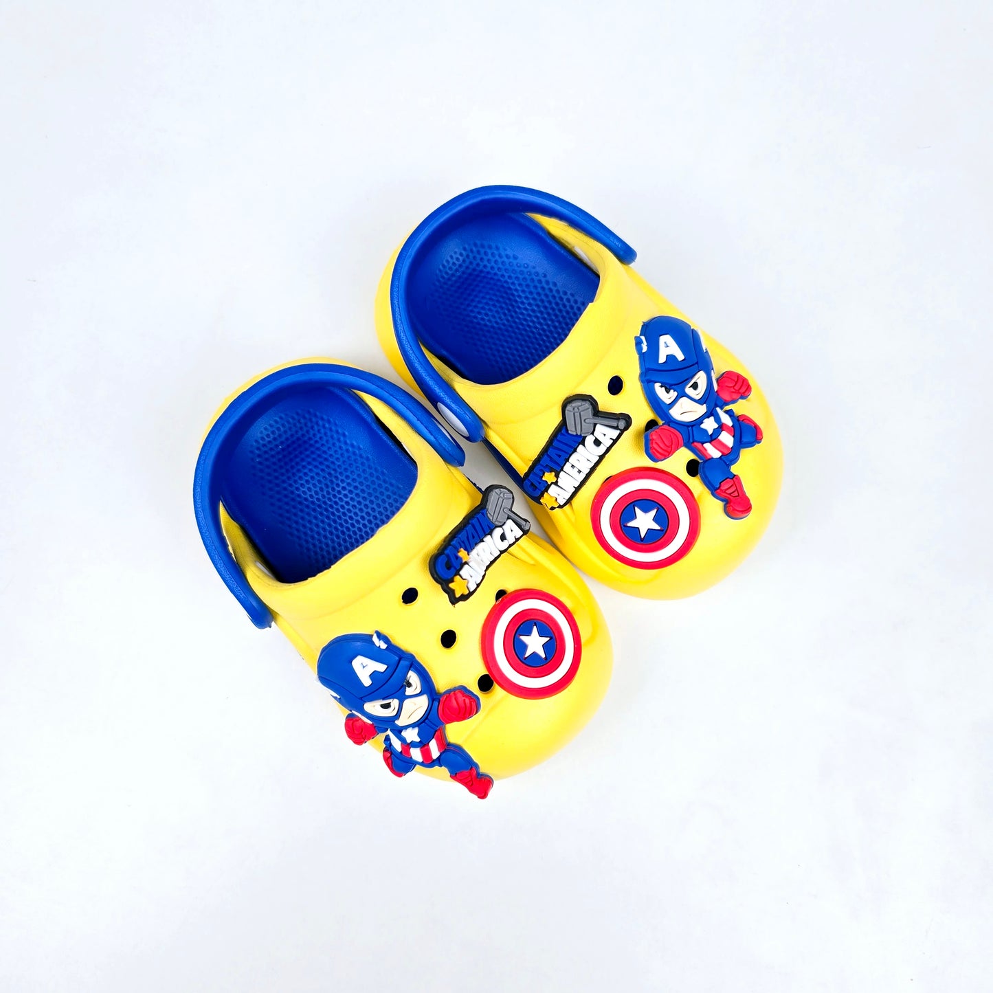 Yellow, Navy blue and Royal Blue crocs with Captain America Cartoon Patten