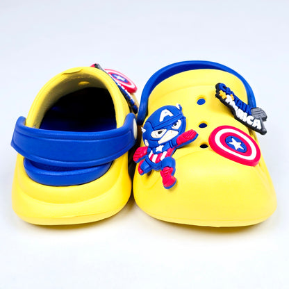 Yellow, Navy blue and Royal Blue crocs with Captain America Cartoon Patten