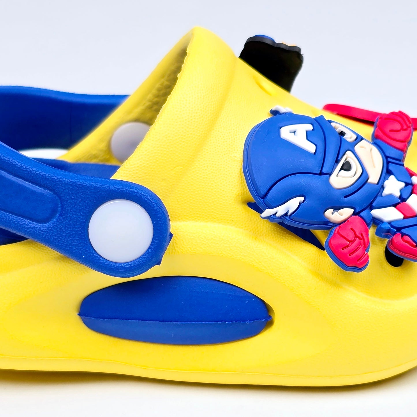 Yellow, Navy blue and Royal Blue crocs with Captain America Cartoon Patten