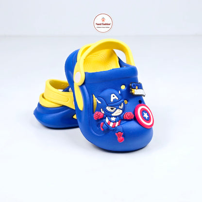 Yellow, Navy blue and Royal Blue crocs with Captain America Cartoon Patten