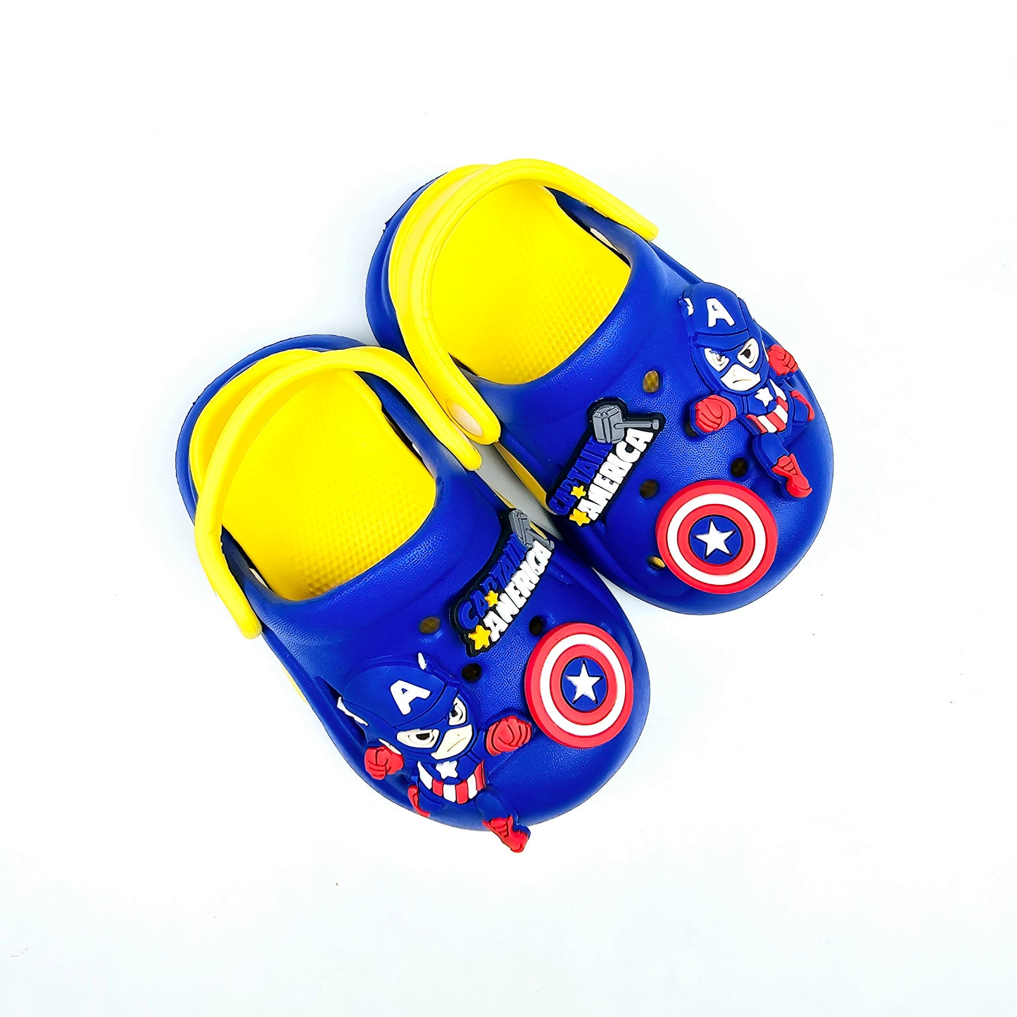 Yellow, Navy blue and Royal Blue crocs with Captain America Cartoon Patten