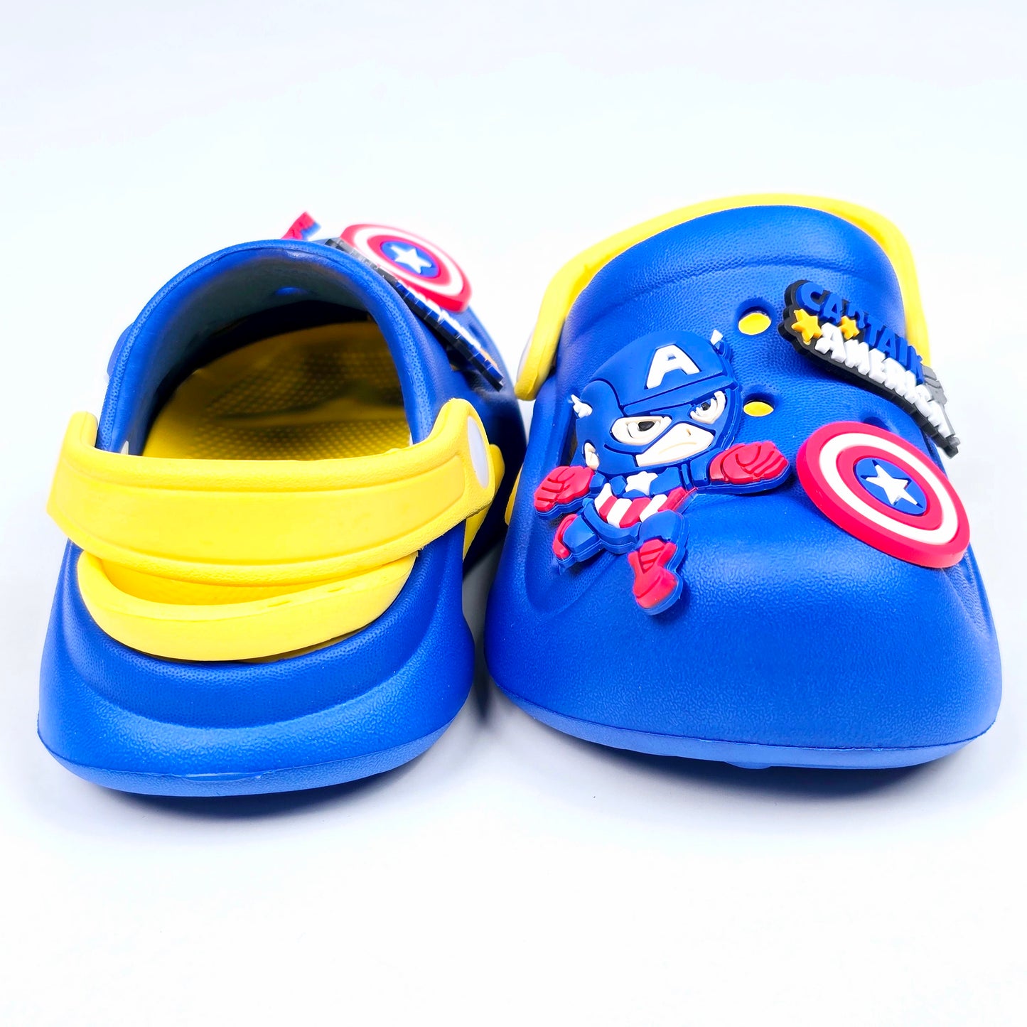 Yellow, Navy blue and Royal Blue crocs with Captain America Cartoon Patten