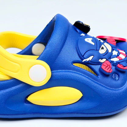 Yellow, Navy blue and Royal Blue crocs with Captain America Cartoon Patten