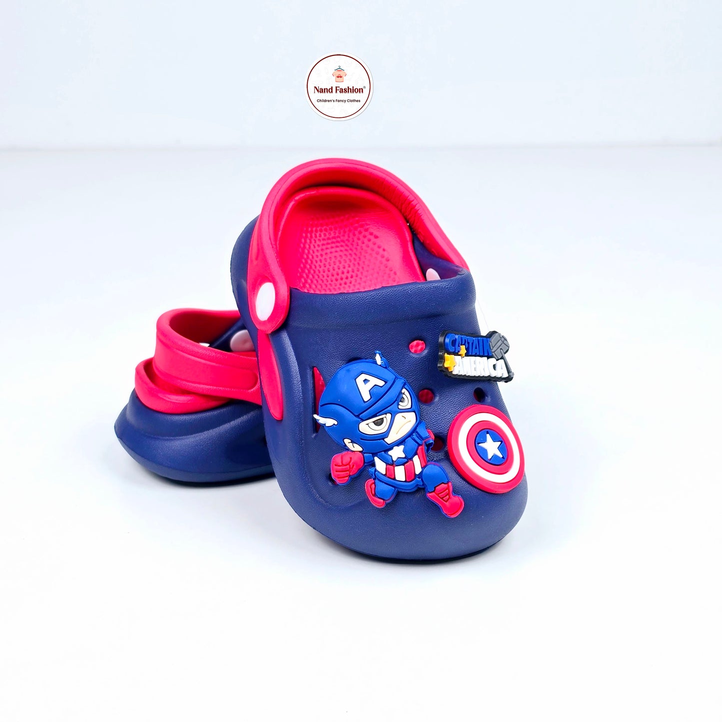 Yellow, Navy blue and Royal Blue crocs with Captain America Cartoon Patten