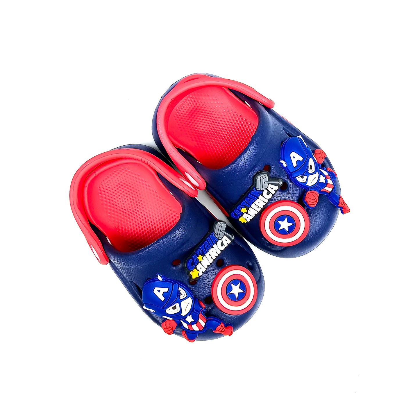 Yellow, Navy blue and Royal Blue crocs with Captain America Cartoon Patten