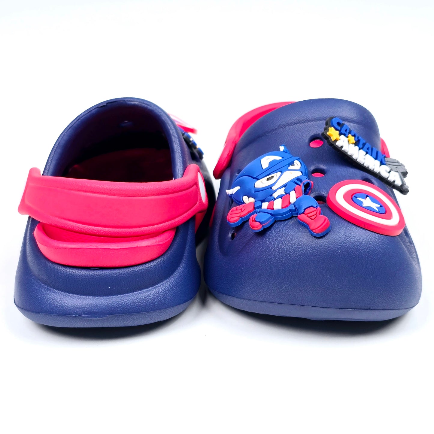 Yellow, Navy blue and Royal Blue crocs with Captain America Cartoon Patten