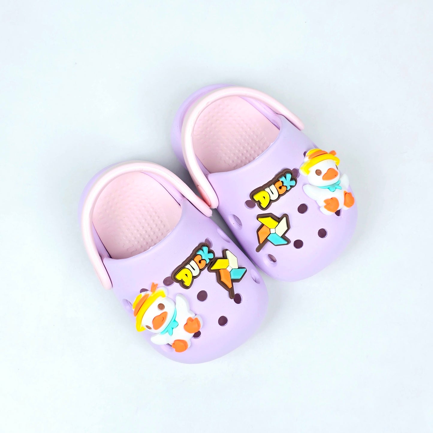 Navy Blue , Light Pink , White and Light purple duck pattern crocs