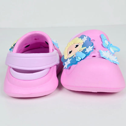 lavender, pink and peach crocs with cartoon and butterfly pattern