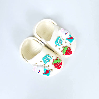 White and pink crocs with Cartoon ans Strawberry pattern