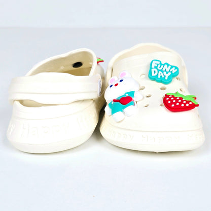 White and pink crocs with Cartoon ans Strawberry pattern