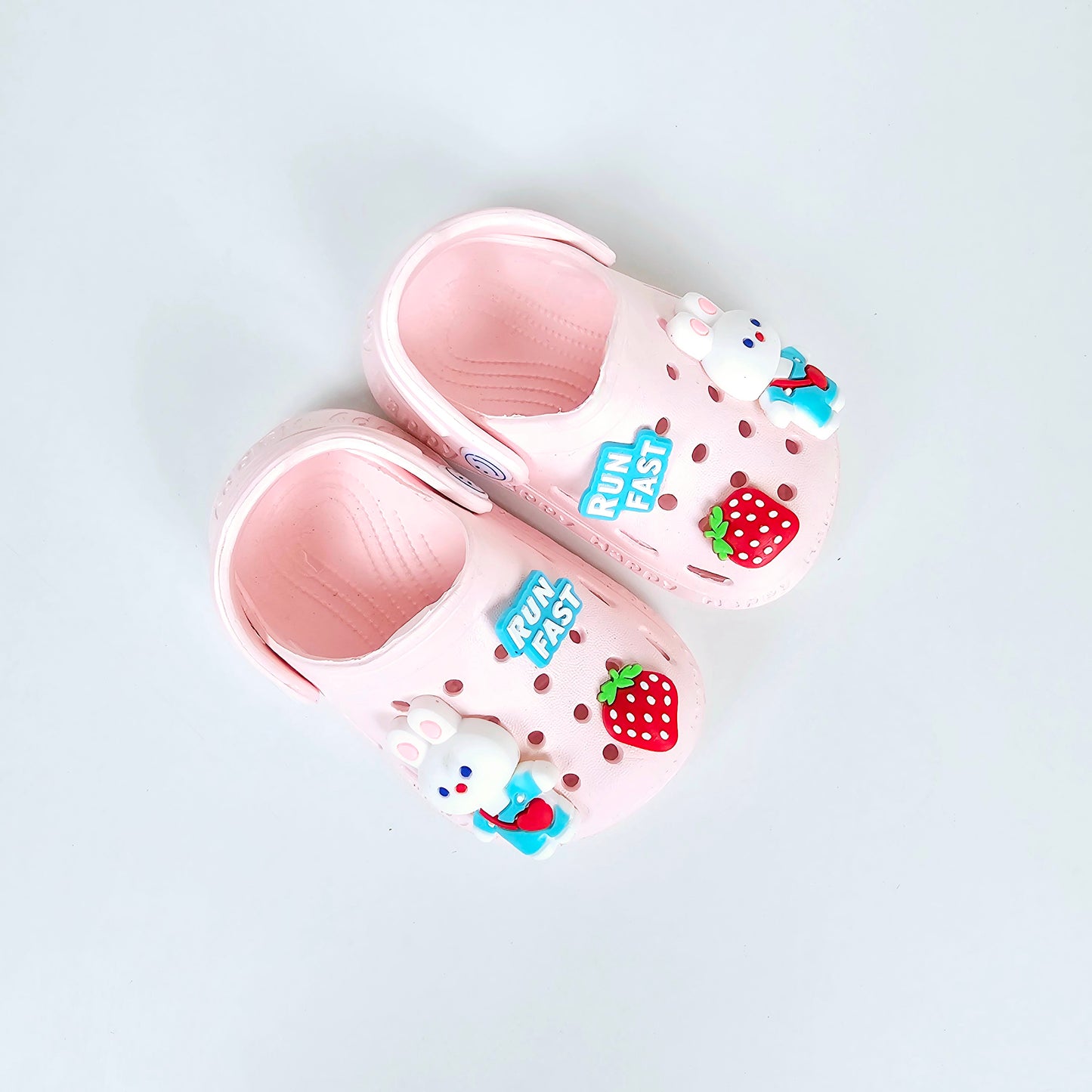 White and pink crocs with Cartoon ans Strawberry pattern