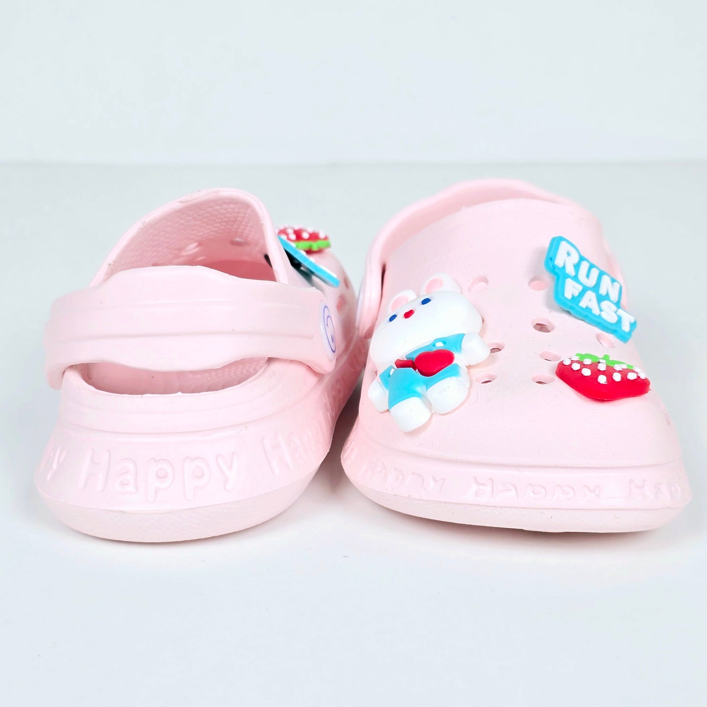 White and pink crocs with Cartoon ans Strawberry pattern