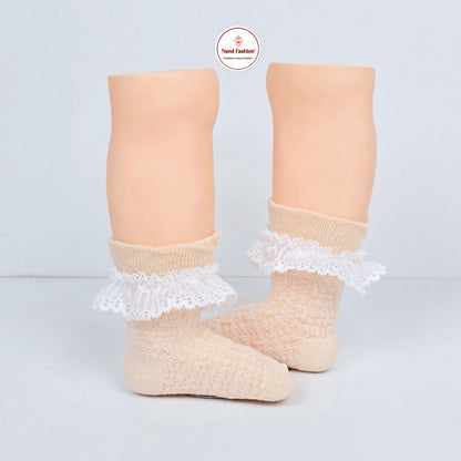 Beige and Mint Ruffled Pattern Socks For Kids