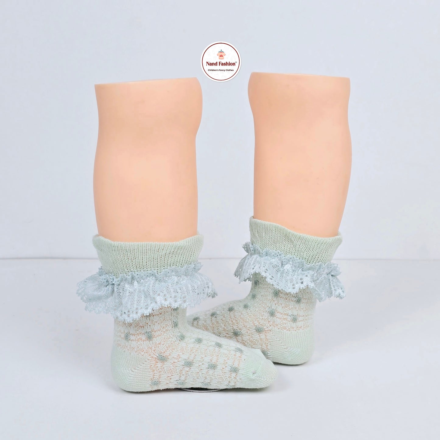 Beige and Mint Ruffled Pattern Socks For Kids