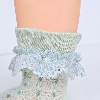 Beige and Mint Ruffled Pattern Socks For Kids