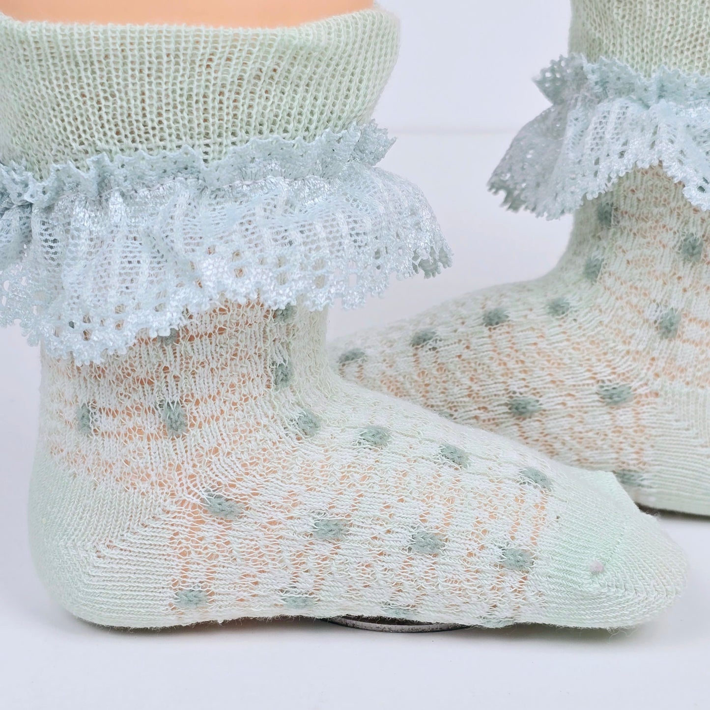 Beige and Mint Ruffled Pattern Socks For Kids