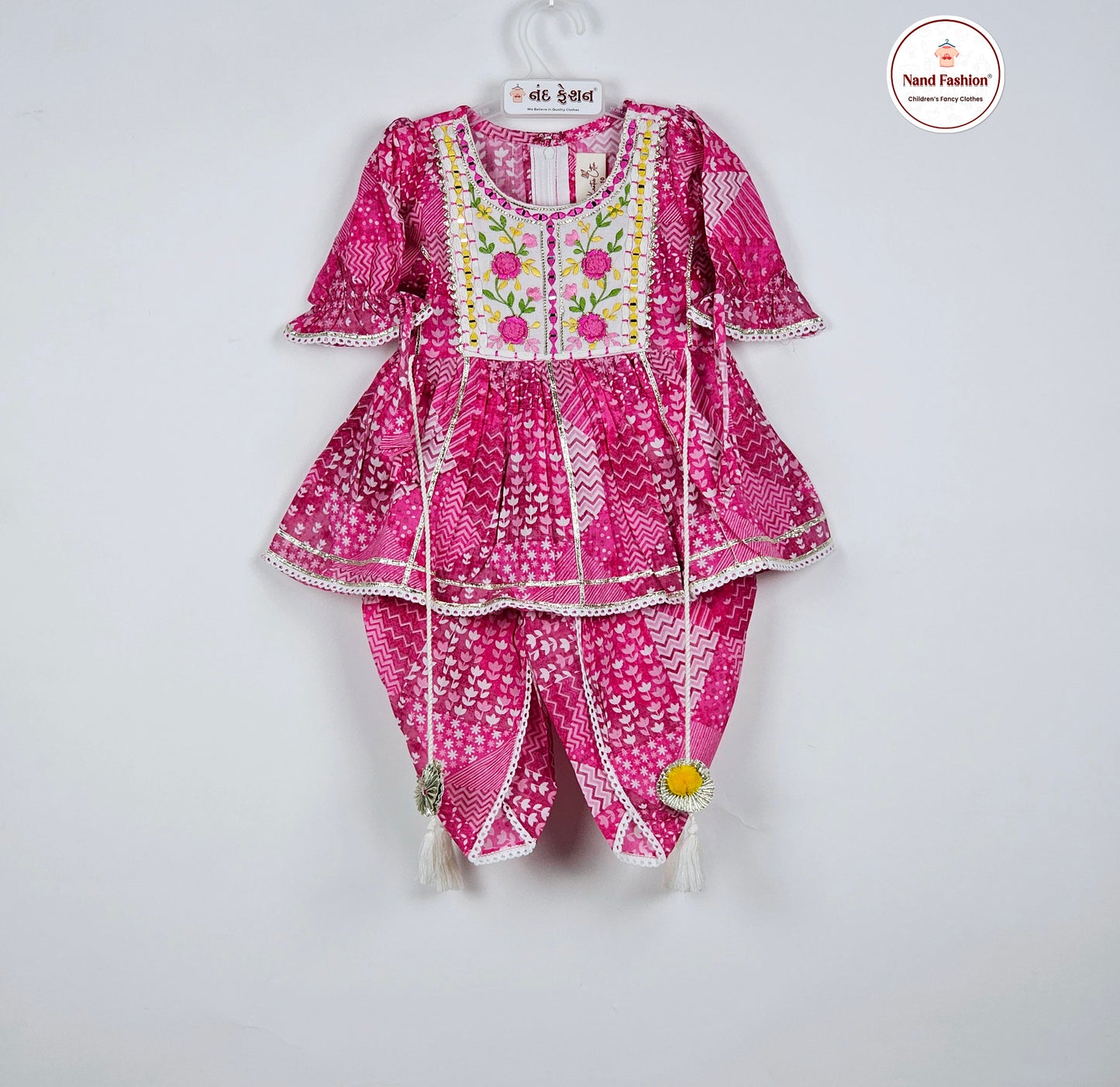 Pink color soft cotton embroidered and mirror work Dhoti Kurta Pair