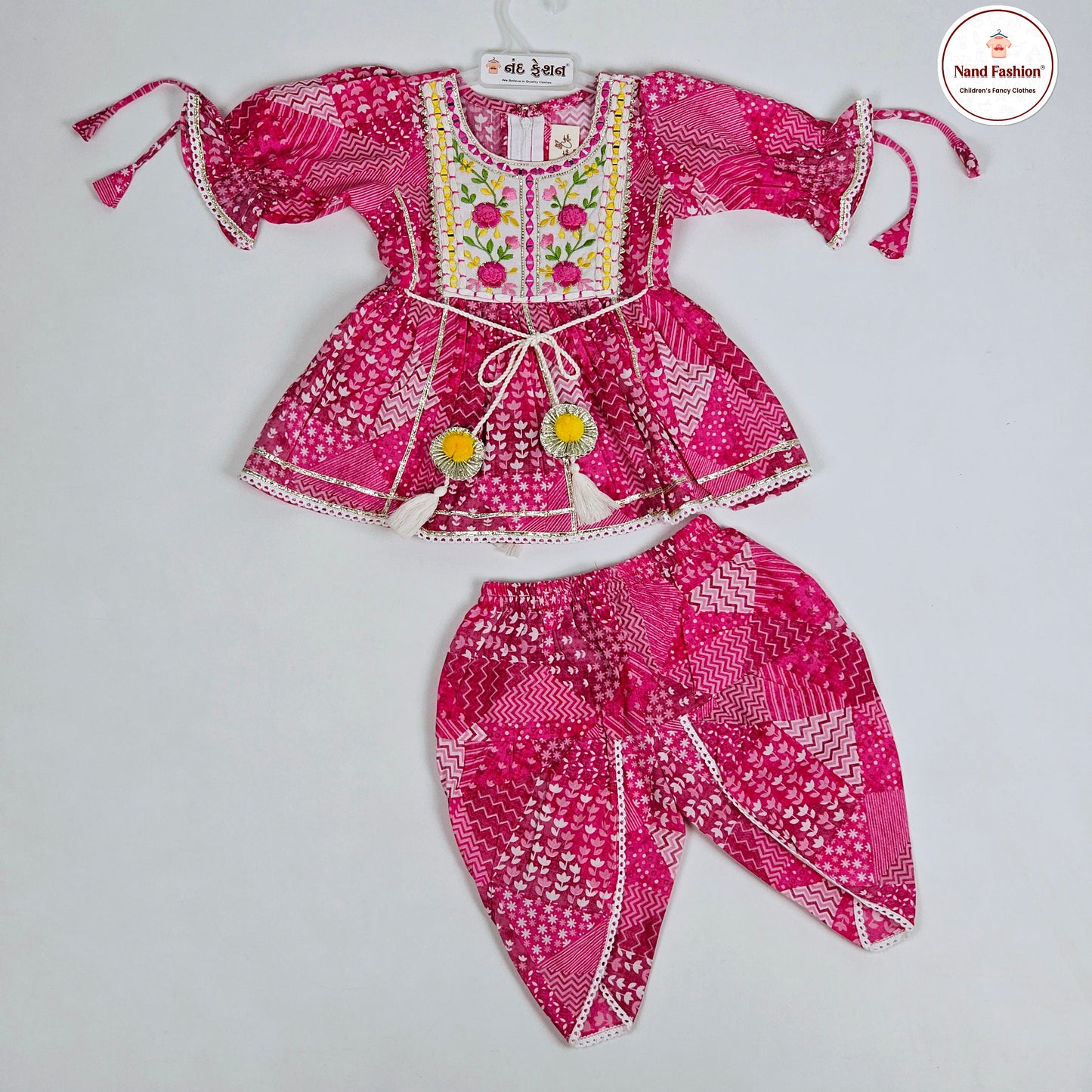 Pink color soft cotton embroidered and mirror work Dhoti Kurta Pair