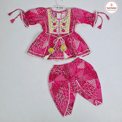 Pink color soft cotton embroidered and mirror work Dhoti Kurta Pair